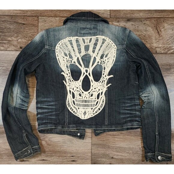 1st Kiss Distressed Stretch Denim Lace Skull Rockabilly Jean Jacket Juniors M - Picture 1 of 8